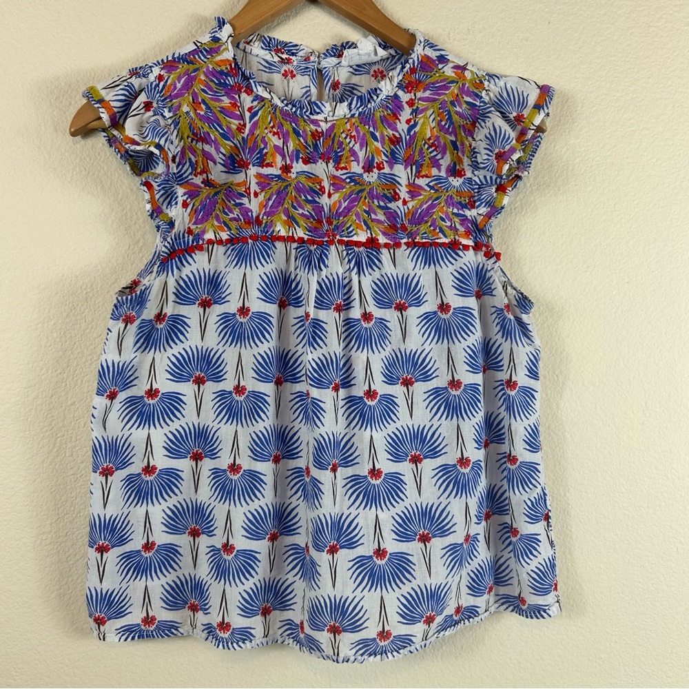 THML White Blouse with Blue Floral Print and Multicolor Embroidered Yoke